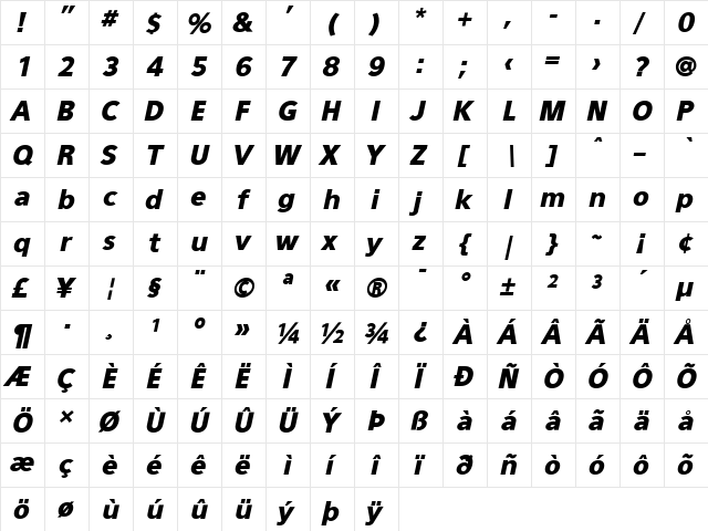 Eau Sans Black Lining Oblique  glyph index