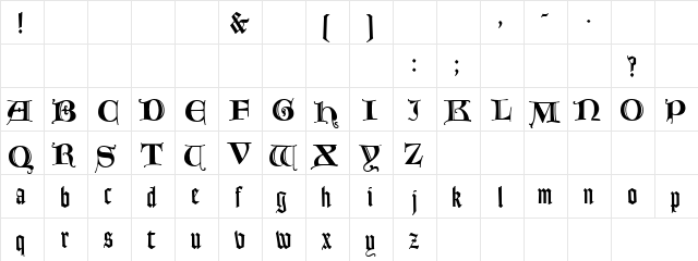 Latin English Regular  glyph index