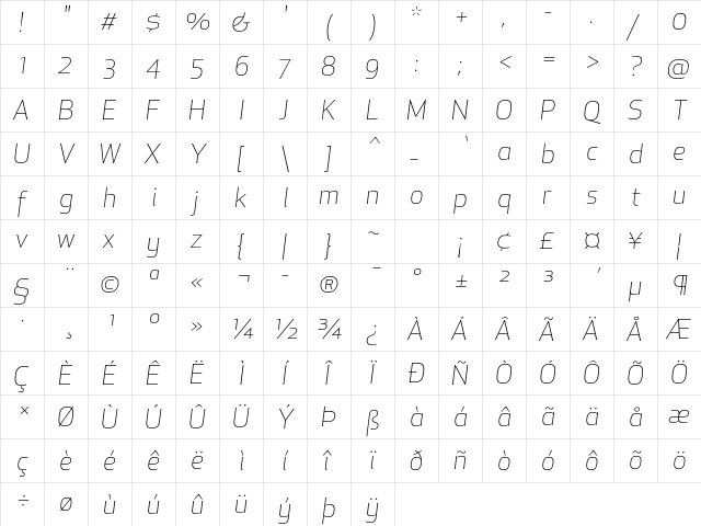 Apex New Light Italic  glyph index