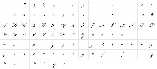 Calligraphia One Regular  glyph index