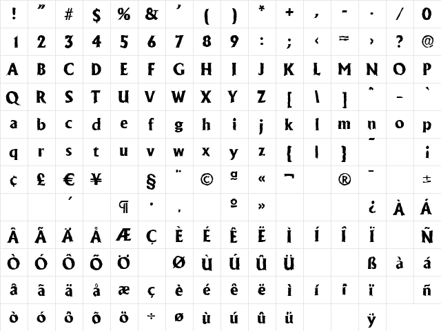 JacobBeckerAntique-ExtraBold Regular  glyph index