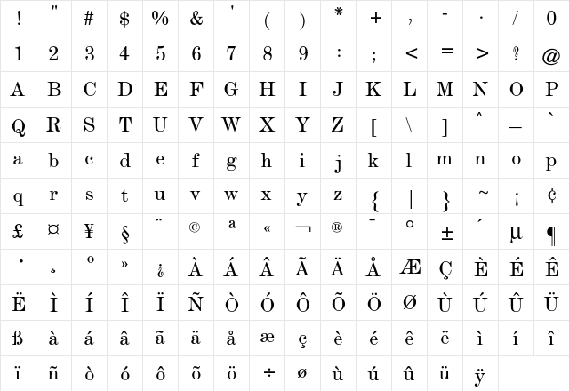 DeVinne CG Regular  glyph index