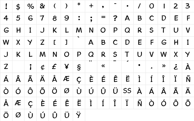 Cartoon Script LT Regular  glyph index