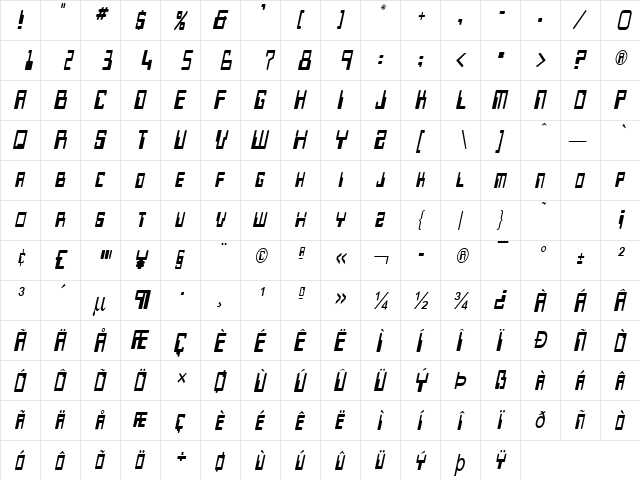 Keys-Condensed Italic  glyph index