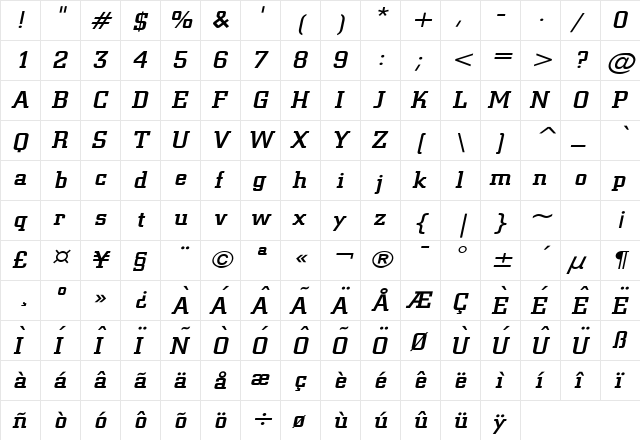Geo 957 Wide Italic  glyph index