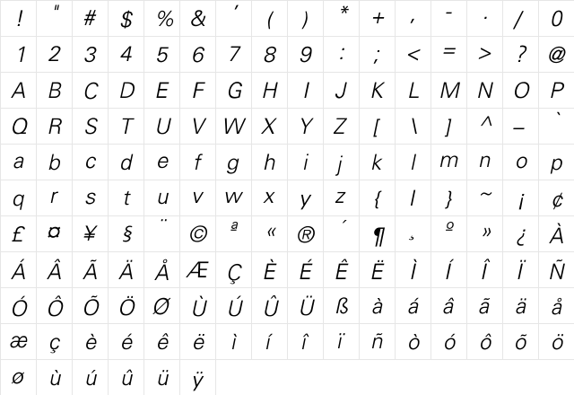 Frontenac-Light-Italic Regular  glyph index