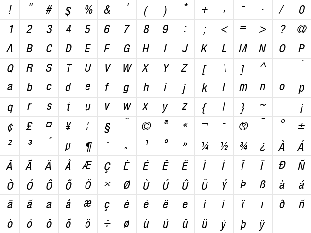 Helvetica Neue LT Com 57 Condensed Oblique  glyph index