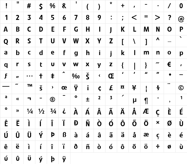 LTVeto Medium Regular  glyph index