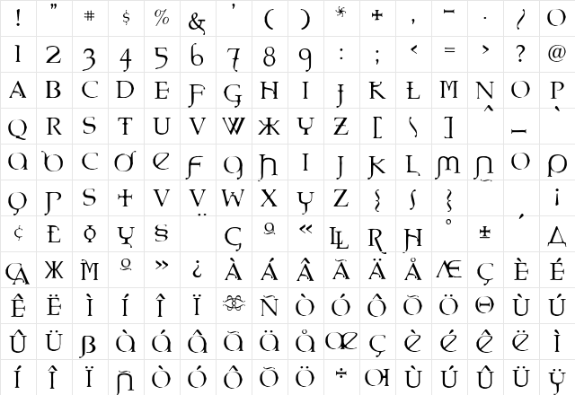 Eremaeus Regular  glyph index