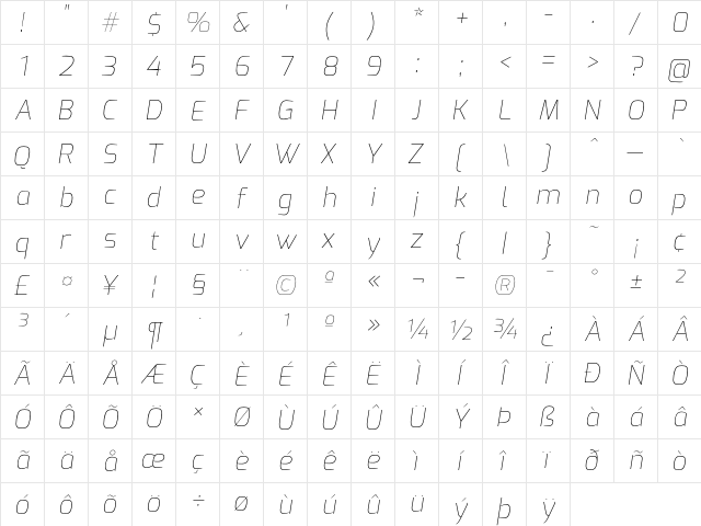 Exo Thin Italic  glyph index