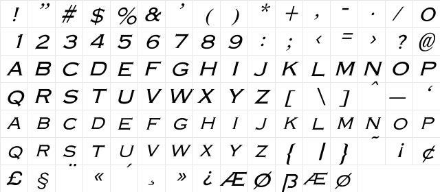 Engraver-Light Italic Italic  glyph index