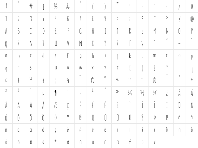 Summer Font Regular  glyph index