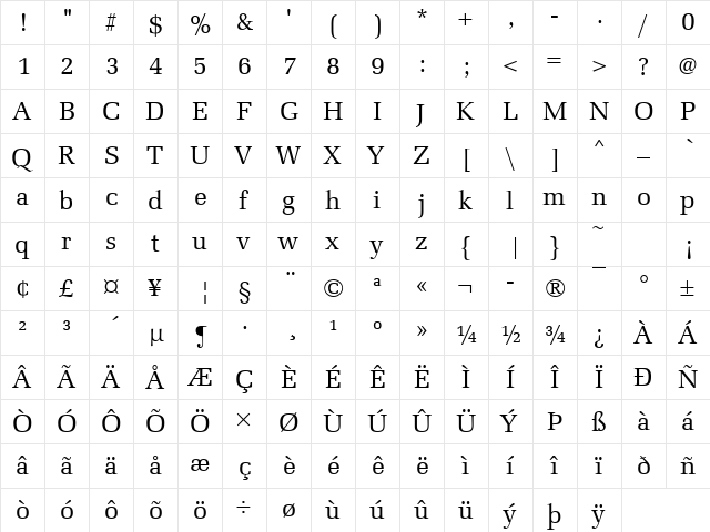 Becker Latino Regular  glyph index