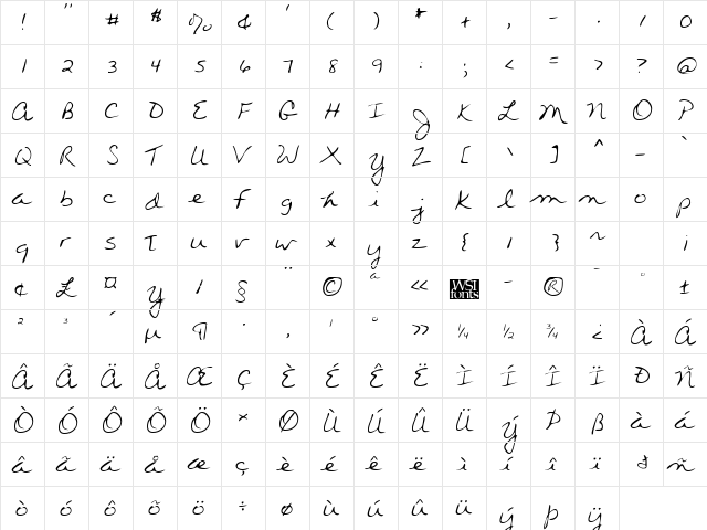 WendysHand Regular  glyph index