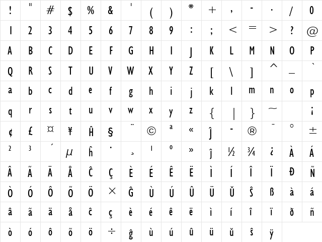 Humanst521 Cn BT Eo Regular  glyph index