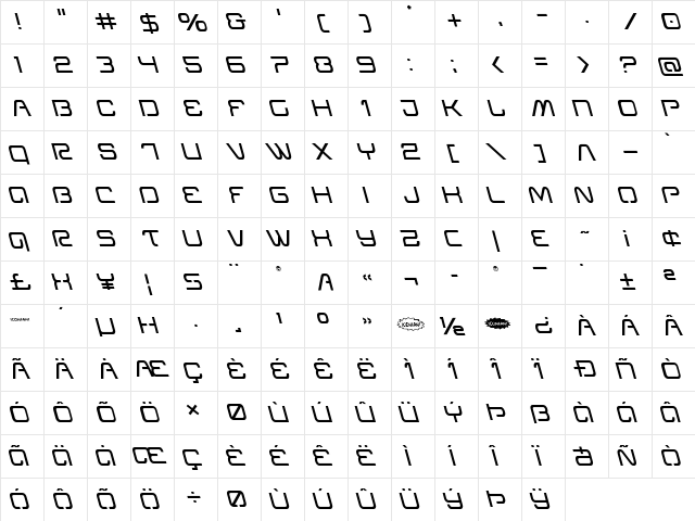 Miracle Mercury Leftalic Italic  glyph index