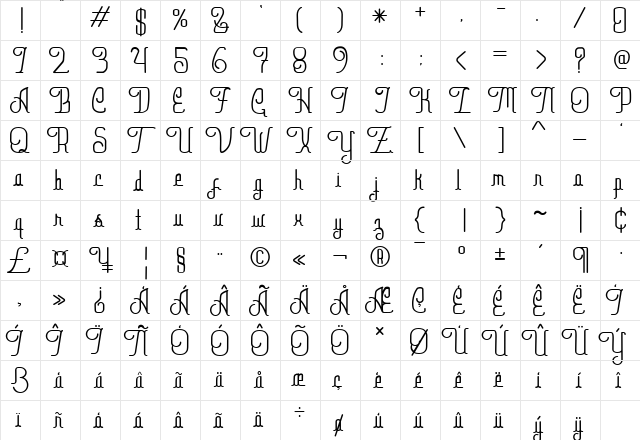 Railgun Line Regular  glyph index