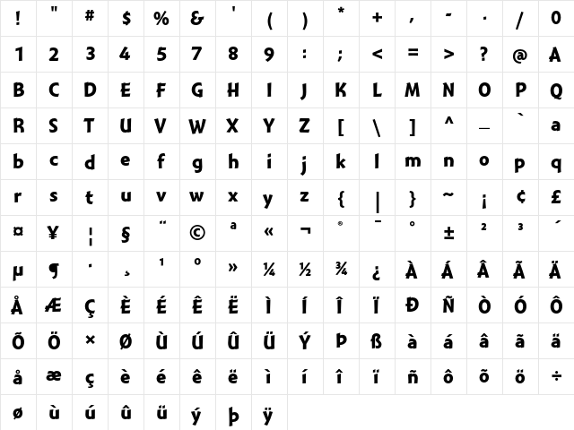 Montara Bold Gothic  glyph index