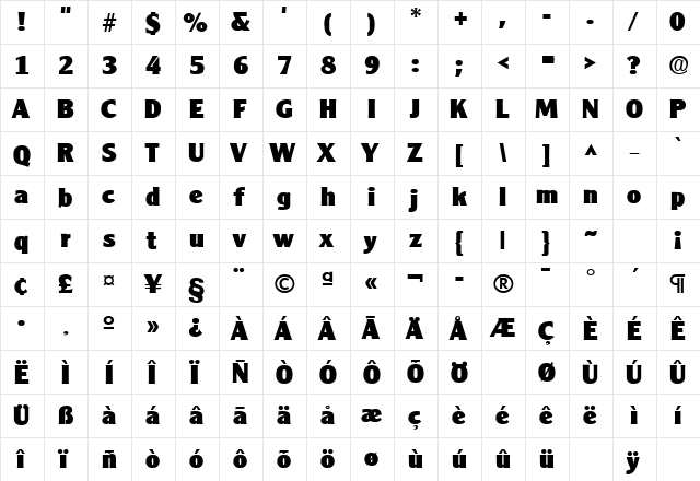 ClearfaceGothicLH Bold  glyph index