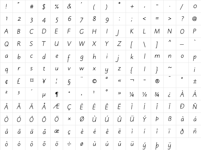 Julius Primary Std Italic  glyph index