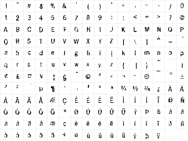 DTCDirtyM33 Regular  glyph index