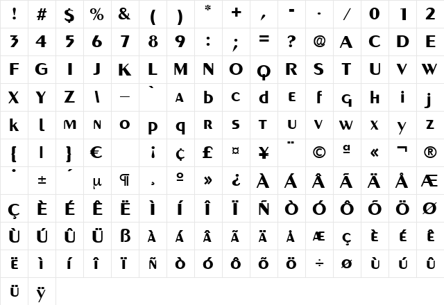 GreyhoundBold Regular  glyph index