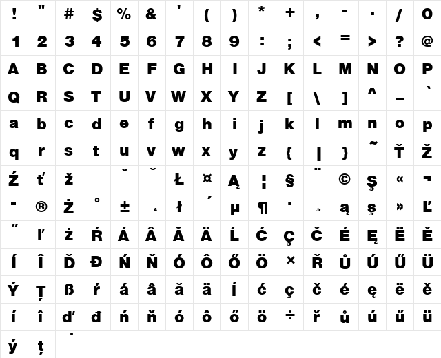 NimbusSanDEEBla Regular  glyph index