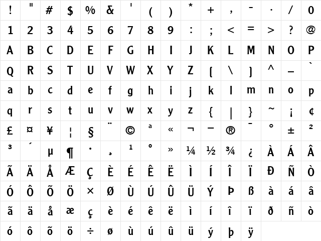 ClearfaceGothicLH55Roman Roman  glyph index