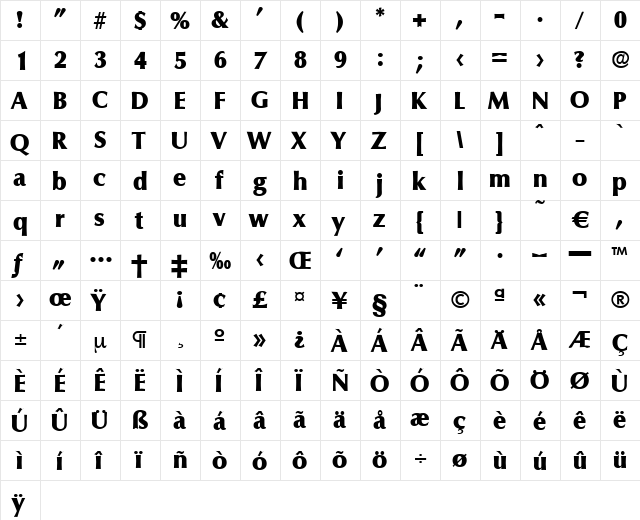 Columbia-ExtraBold Regular  glyph index