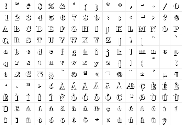 BaskervilleShadow-Black Regular  glyph index