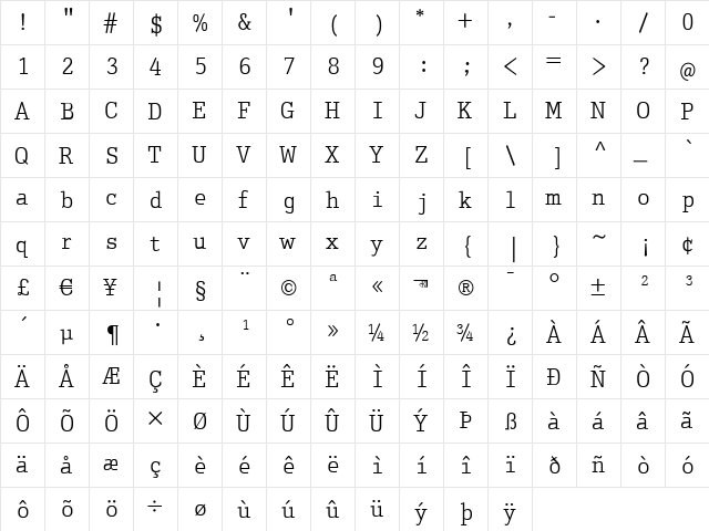EuropeanTypewriter Regular  glyph index