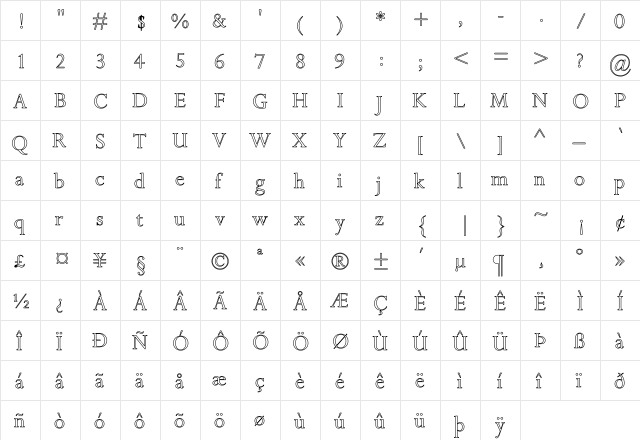 Perpetua Hollow Regular  glyph index