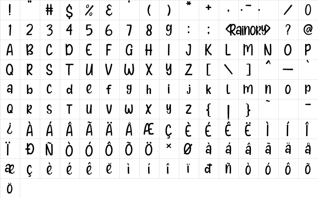 Rainory Regular  glyph index