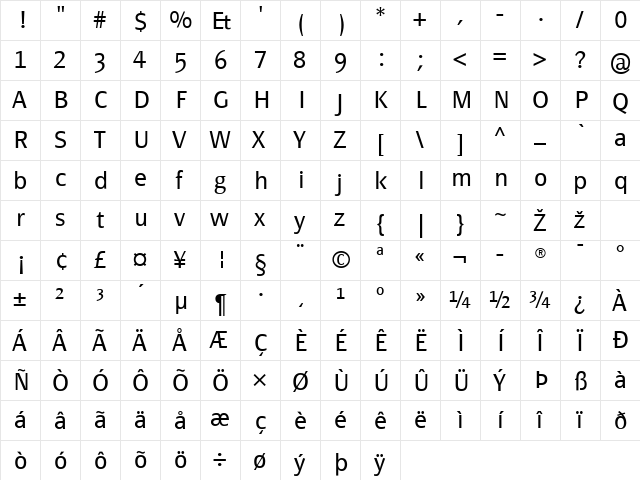 PageSansTF-Light Regular  glyph index