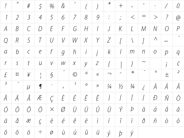 Myriad Pro Light SemiCondensed Italic  glyph index