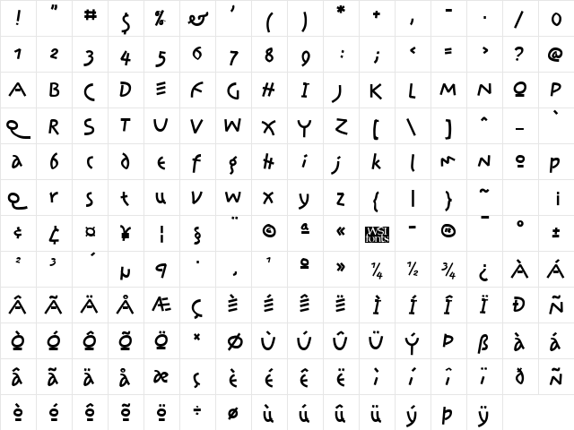 Prawn Handwrite Regular  glyph index