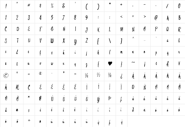 Bouffant Regular  glyph index