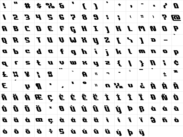 Commonwealth Leftalic Italic  glyph index