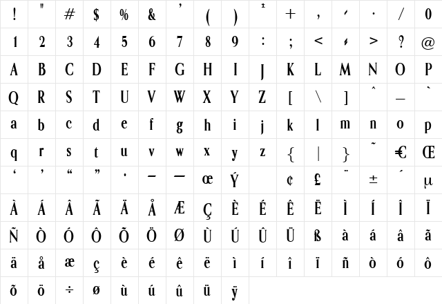 Tedeus Regular  glyph index