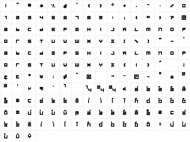 BIN Bold Regular  glyph index