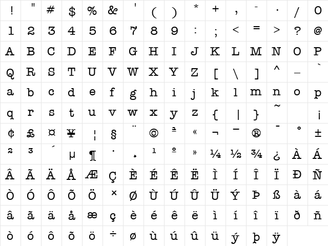 Typewriter Regular  glyph index