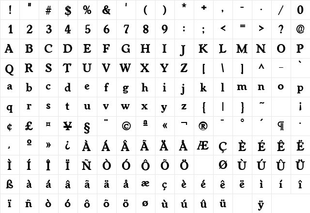 WorcesterLH Bold  glyph index