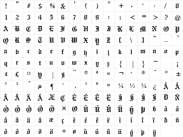Olde Englishe Regular  glyph index