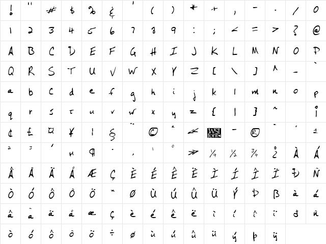 RogersHand Regular  glyph index