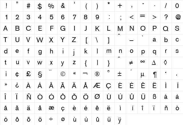 Akzent Regular  glyph index