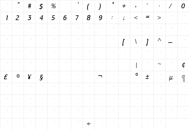 LesmoreBookCondensedItalicTab Roman  glyph index