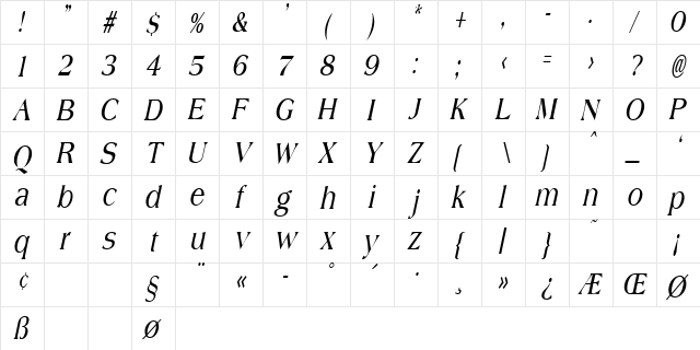 JadeCondensed Italic  glyph index