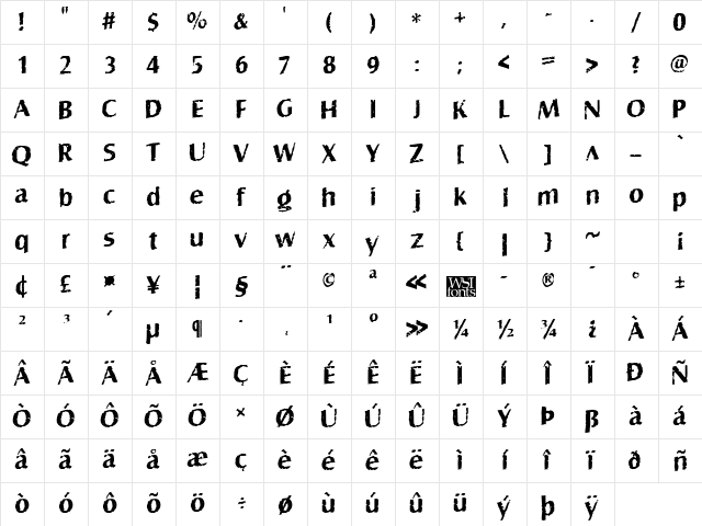 GrelbbTilted Regular  glyph index