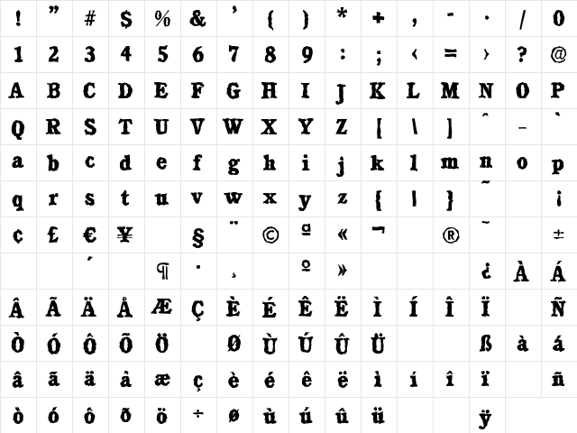 CalgaryRandom-Xbold Regular  glyph index