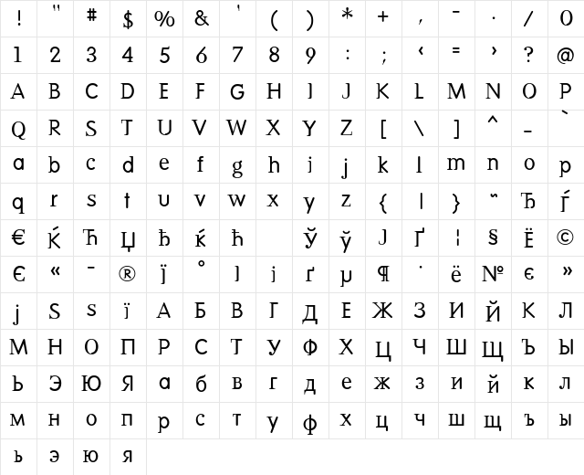 DeadHistoryCTTRoman Regular  glyph index